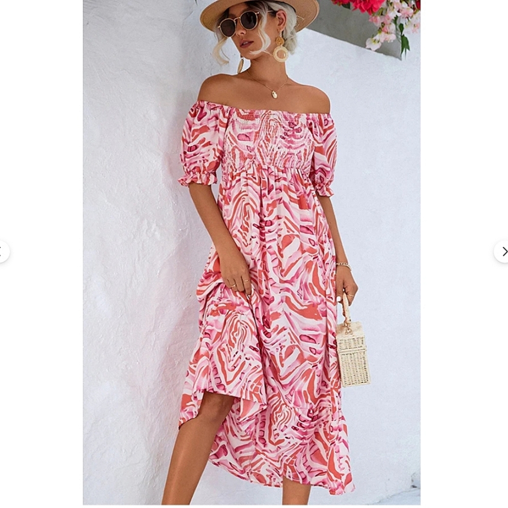 BeachSissi Smocked Off Shoulder Midi Dress in Pink Swirl Sz Small NWT
